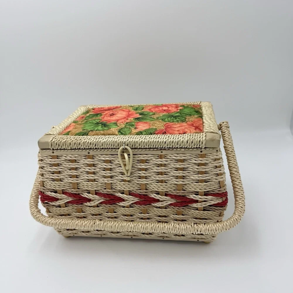 Vintage Singer Sewing Box Wicker Basket Floral Tapestry Lid Satin Lined No Tray
